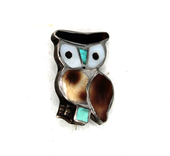 American Vintage Jewelry - Vintage Sterling Silver Inlay Owl Fetish Brooch